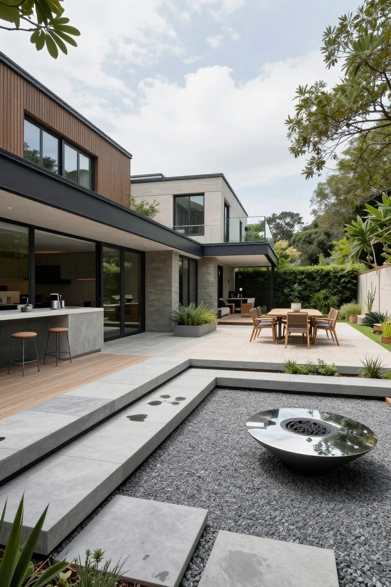 Modern backyard patio with wooden deck, concrete steps leading to a sunken pebble garden containing a round reflective fire pit, surrounded by plants and an outdoor dining table.