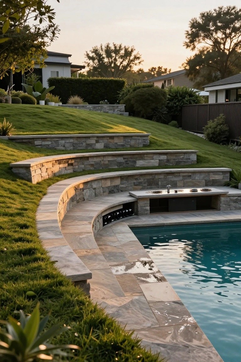 Curved stone patio with poolside outdoor kitchen at sunset.