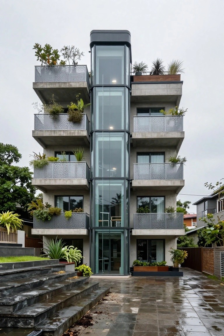 Four-story modern concrete house with central glass elevator shaft, stacked balconies featuring perforated metal railings overflowing with tropical plants, front stairs leading to entry, and surrounding yard greenery on a rainy day.