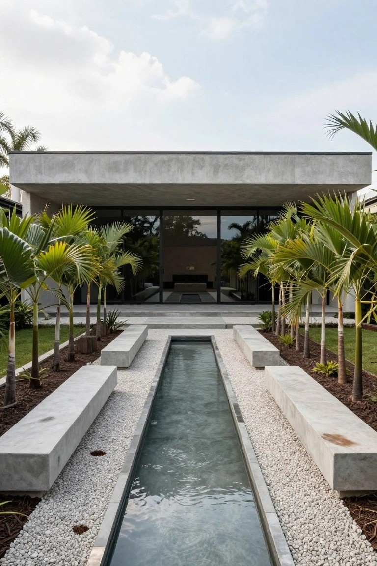 Modern concrete house exterior with large black-framed glass doors centered above steps, flanked by tall palm trees, a linear shallow water channel pathway with concrete benches on sides, gravel and mulch landscaping.