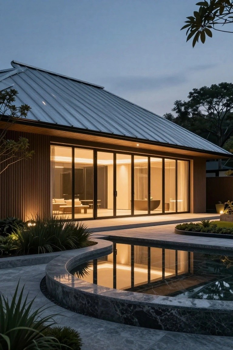 Modern villa with glass walls, glowing interior, and marble reflecting pool.