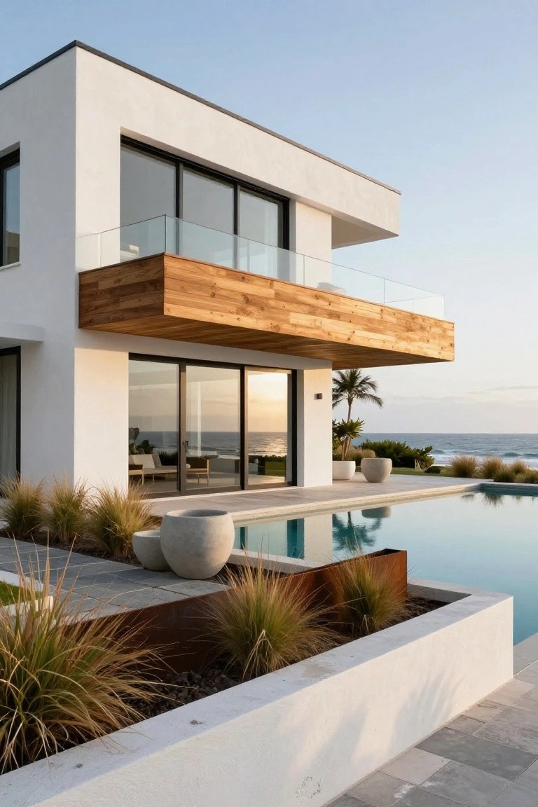Modern white beach house with wooden balcony and oceanfront pool at sunset.