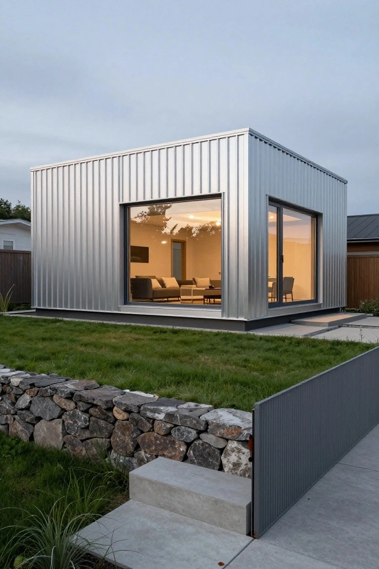 Cube-shaped backyard studio with vertical silver corrugated metal siding, large corner glass window and sliding door, concrete entry steps, grassy yard, and stone retaining wall.