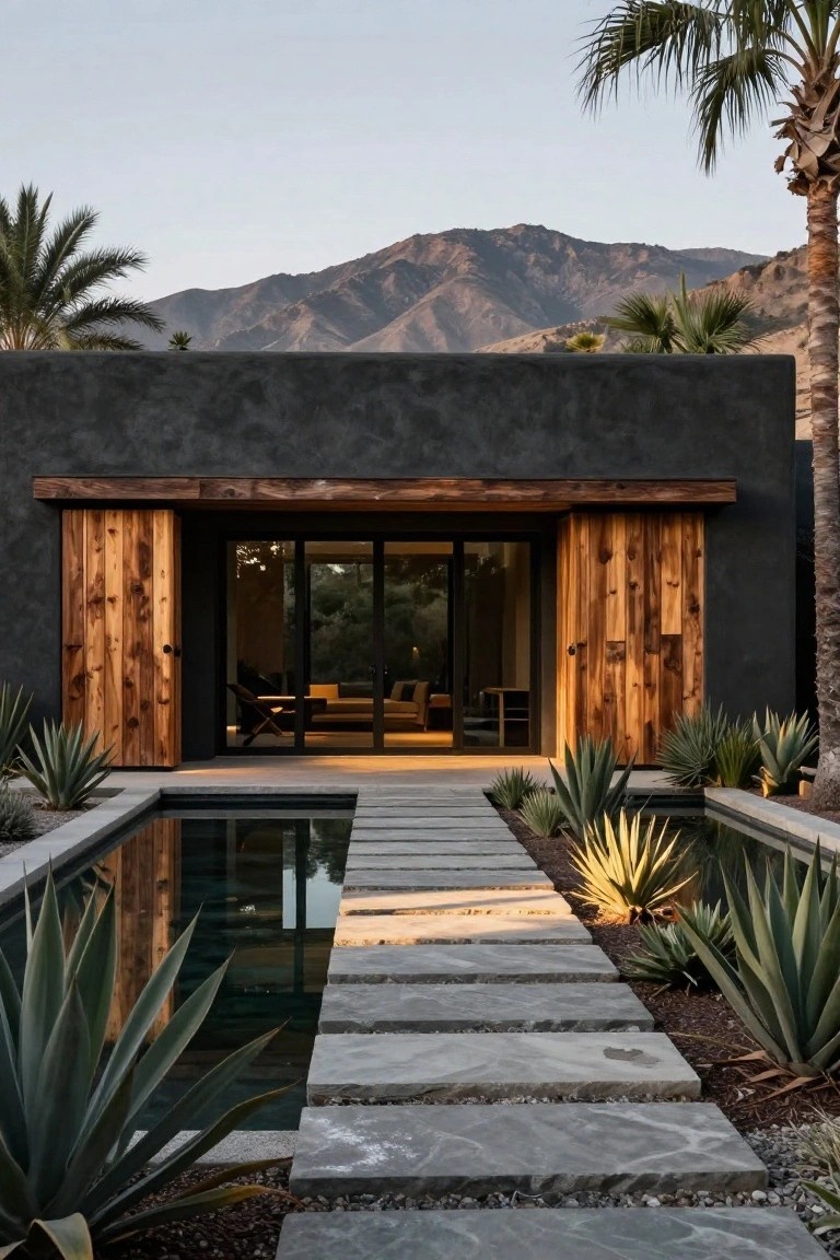 Black stucco modern house with wooden sliding entry doors, stone slab pathway crossing a narrow rectangular reflecting pool lined with agave plants, palm trees on sides, and mountains in background at dusk.
