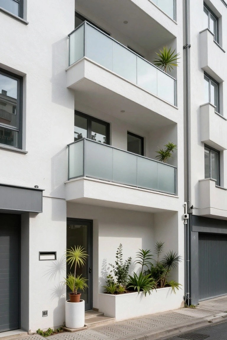 White multi-story modern building with gray garage doors, dark entry door, potted palm plant in white pot, built-in white planter box with succulents and greenery at ground level, and glass-railed balconies above.