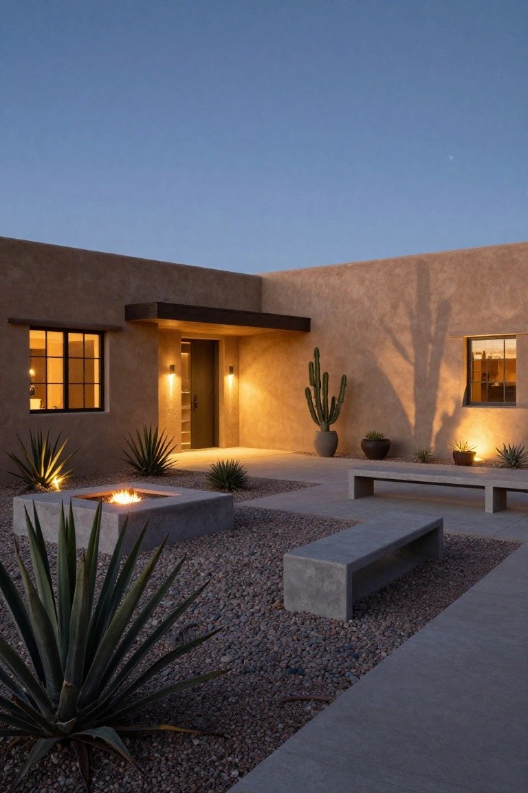 Modern desert courtyard at dusk with fire pit, cacti, and concrete benches.