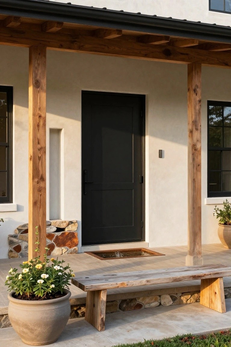 Modern house entrance with black door, wooden beams, stone bench, and potted flowers.