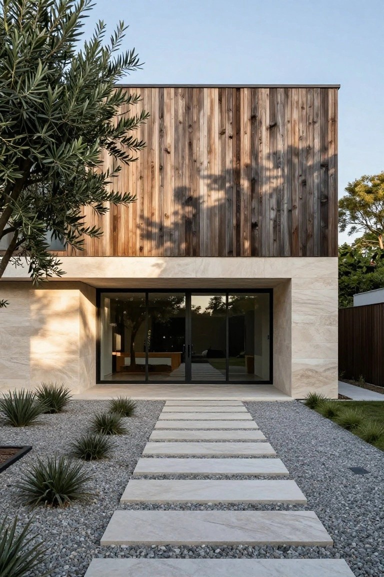 Modern house facade with vertical wood cladding above a beige stone base, large black-framed glass entry doors, and a pathway of spaced white stone slabs through a gravel garden bed with agave plants and grasses, next to an olive tree.