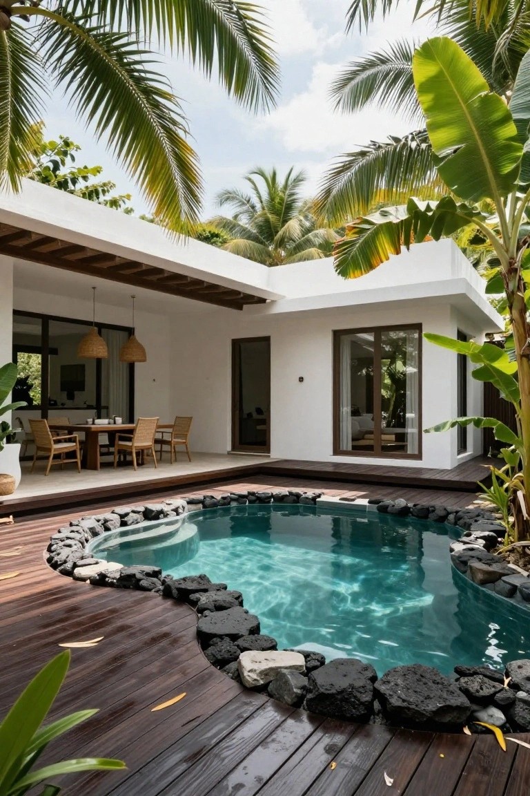 Modern white house with wooden deck surrounding a small curved turquoise pool edged in black lava rocks, tropical plants, glass doors, and outdoor dining table with chairs.