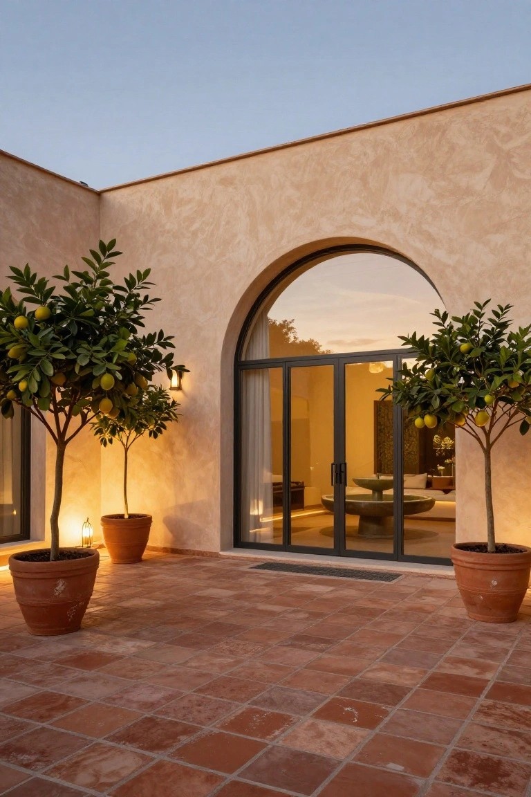 Beige stucco wall with large arched glass doors opening onto a terracotta-tiled patio flanked by two potted lemon trees in terracotta pots, lit softly at dusk.