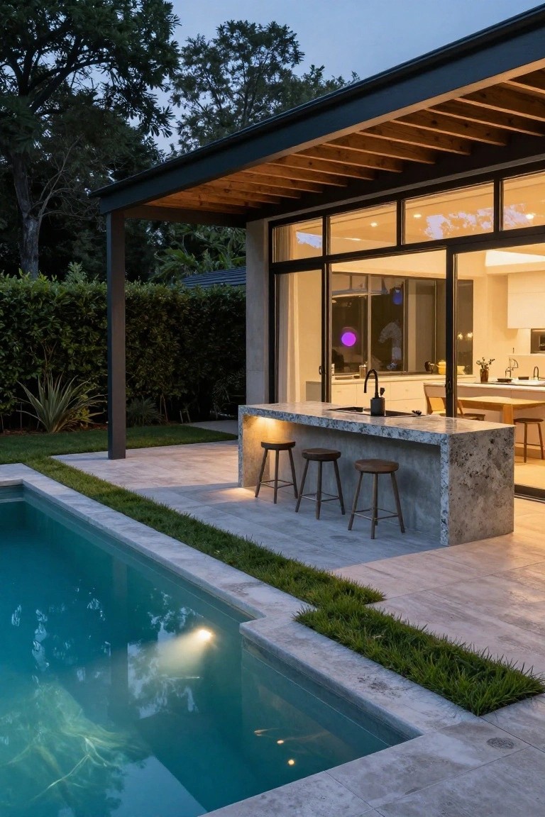 Modern backyard patio at dusk with a rectangular pool next to a long quartz bar counter on a concrete base, wooden stools, large glass doors to an indoor kitchen, hedges, grass strips, and trees.