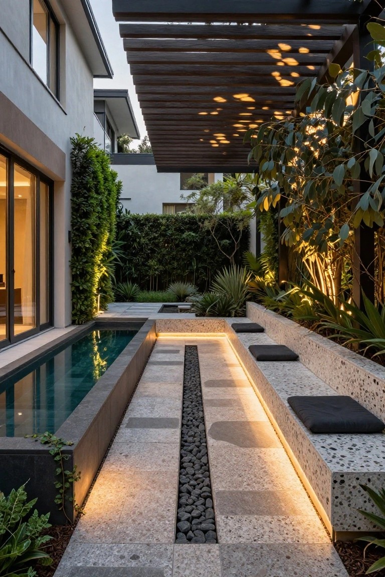 Narrow green lap pool next to a stone pathway with pebble inlays and edge LED lighting, concrete benches with black cushions, tropical plants, vertical greenery on walls, and overhead wooden pergola.
