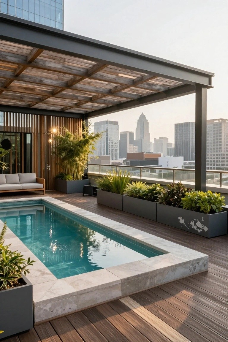 Rooftop terrace with a narrow rectangular plunge pool edged in white marble, wooden decking, large black planters with tropical plants, a slatted wooden pergola on metal supports, outdoor sofa, and city skyline view in the background.