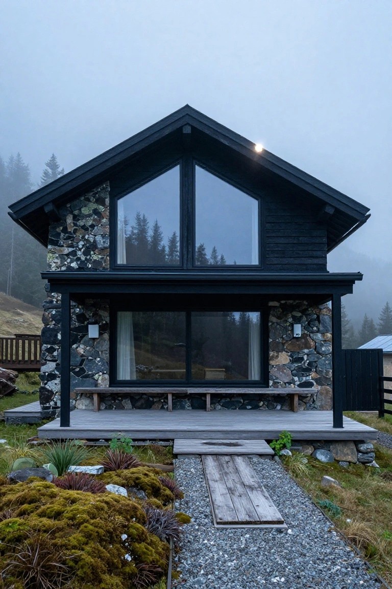 Black wooden house with stone lower walls, large triangular window, sliding glass doors, wooden deck, gravel path, and mossy plants on a foggy hillside among trees.
