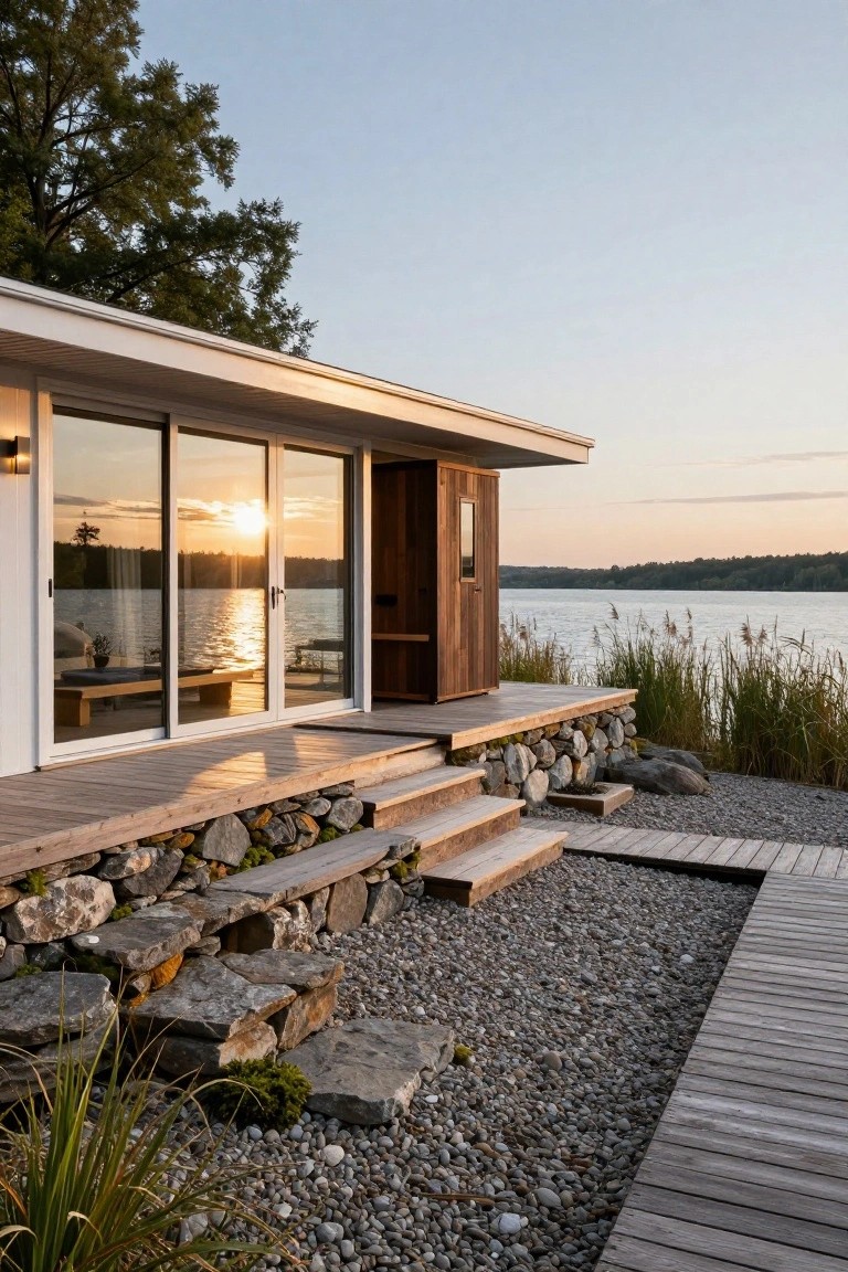 Modern lakeside house with white exterior, large sliding glass doors on a wooden deck supported by stone retaining walls, wooden steps leading down to gravel path and reed-lined water at sunset.