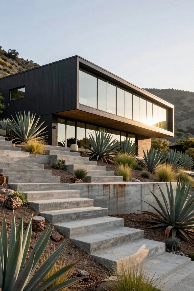 Black wood and glass modern house on a hillside with wide concrete steps terraced up the slope amid agave plants and grasses.