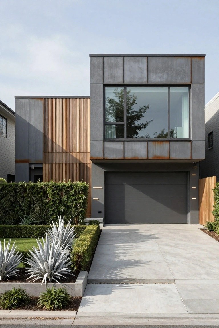 Modern two-story house with dark gray metal siding, vertical light wood slats on one side, large horizontal window, dark garage door, concrete driveway, and raised beds of agave plants along the edge.