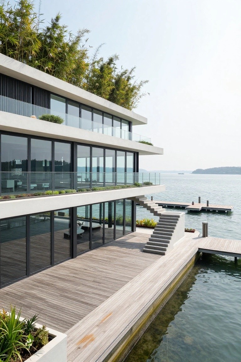 Multi-level modern white house with bamboo green roof and large glass walls beside a wooden deck that extends over a lake, with stairs leading to a dock.
