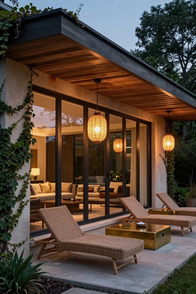 Modern patio with woven lounge chairs, glowing lanterns, and glass doors at dusk.