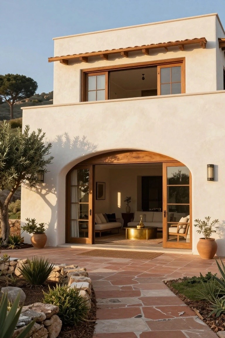 White stucco house exterior featuring large open arched wooden doors revealing a living room interior, flanked by olive trees and potted plants, with a terracotta tile pathway edged in stone and agave plants.