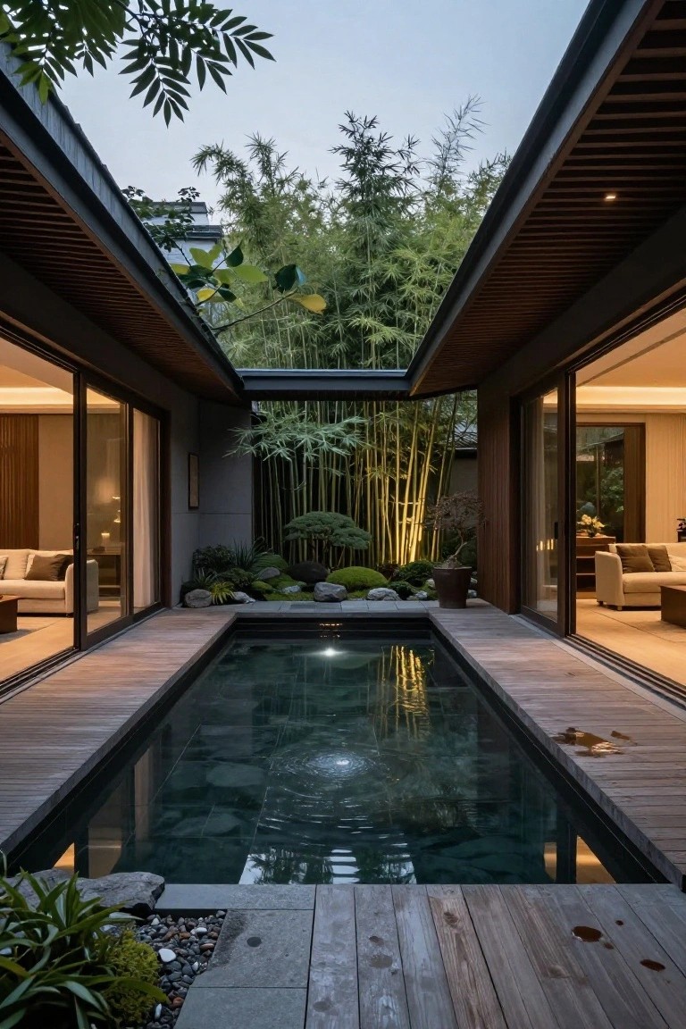 Narrow rectangular pool in a courtyard between two modern interiors with sliding glass doors, flanked by bamboo plants, bonsai trees, wooden decks, and stone elements at dusk.