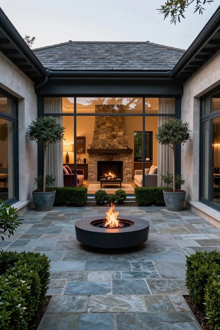 Courtyard patio with central round black fire pit containing flames, surrounded by gray-blue slate tiles, potted olive trees, boxwood hedges, and large glass walls opening to an indoor living room with stone fireplace.