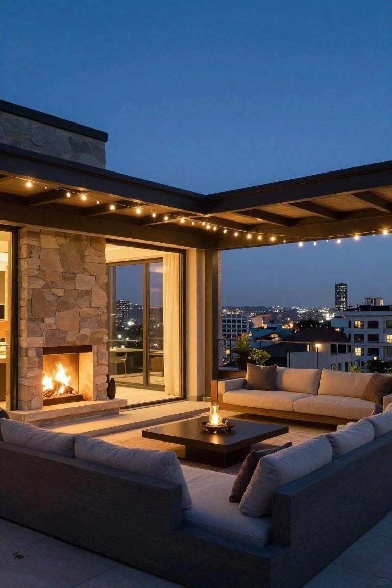 Rooftop terrace at dusk featuring a stone outdoor fireplace, L-shaped beige sofa, black rectangular coffee table with candle lantern, string lights under wooden pergola, glass doors to interior, and city skyline view.