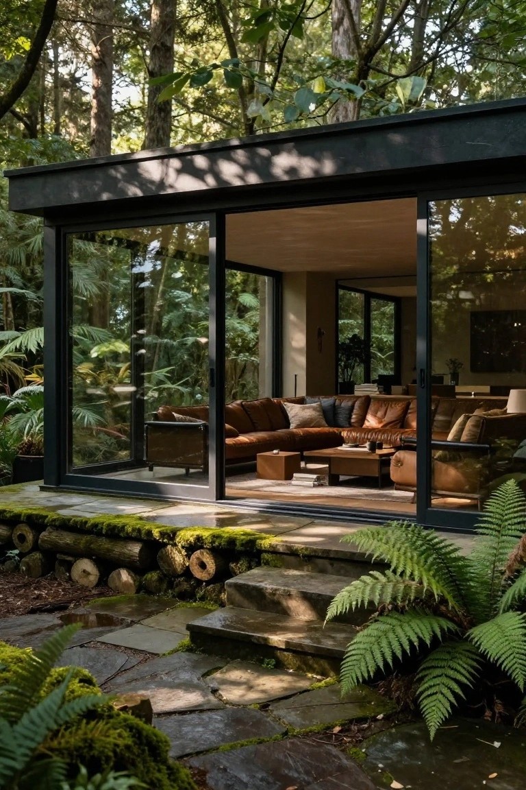 Modern glass house with brown leather sofas in lush forest.