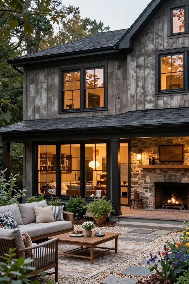 Gray weathered wood house exterior at dusk with black trim, large black-framed glass doors and windows opening to a patio with light gray sofa, rattan chairs, wood coffee table, potted plants on gravel and stone pavers, lit stone fireplace visible inside.