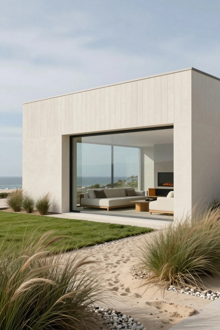Modern white vertical board house with large open glass wall from living room showing sofa and fireplace to outdoor terrace overlooking ocean, with grasses, lawn, sandy path, and pebbles.