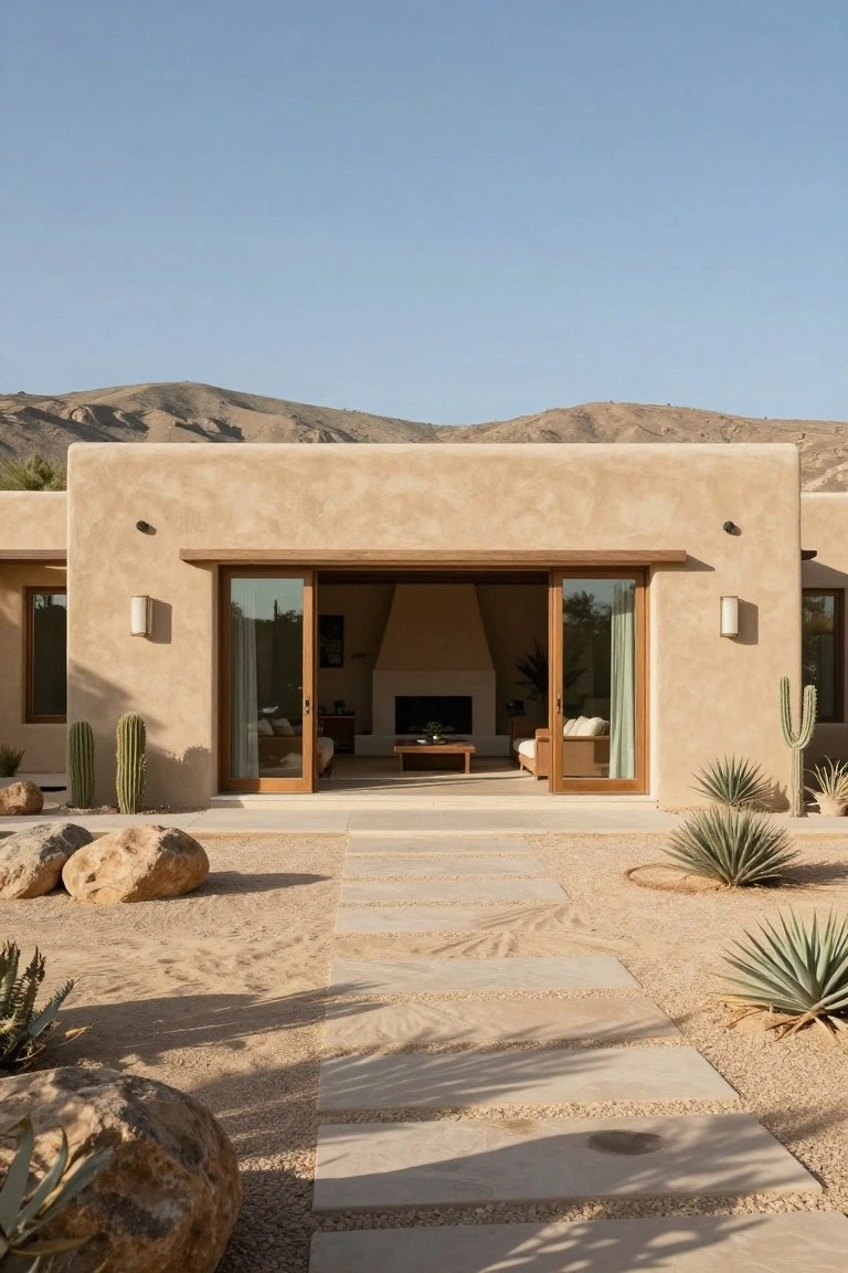 Beige stucco modern house exterior in desert landscape with large open wooden sliding glass doors revealing living room interior including fireplace, sofa, and coffee table, flanked by cacti and agave plants, large boulders, and stone paver pathway through gravel.