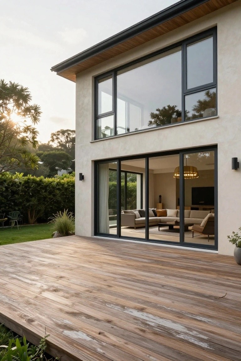Beige stucco house exterior with large black-framed sliding glass doors from living room to wooden deck, hedges and trees in yard at sunset.