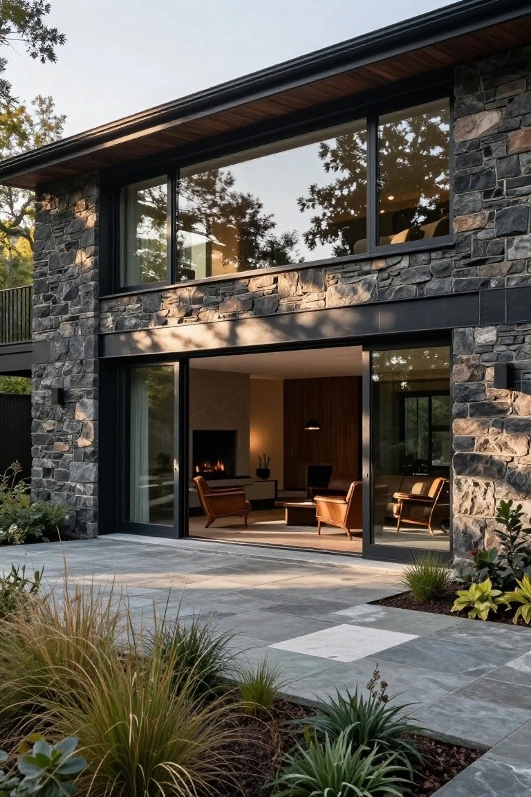 Modern house with dark stone walls and wood accents, featuring large open sliding glass doors revealing a living room with fireplace and chairs, adjacent to a light gray stone-paved patio bordered by tall grasses and plants.