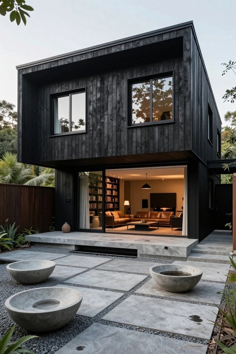 Rear exterior of a black timber-clad modern house with large open glass doors revealing an indoor living room, connected to a gray concrete paver patio featuring several oversized hemispherical concrete bowl planters, some filled with water, amid tropical plants and a wooden fence.