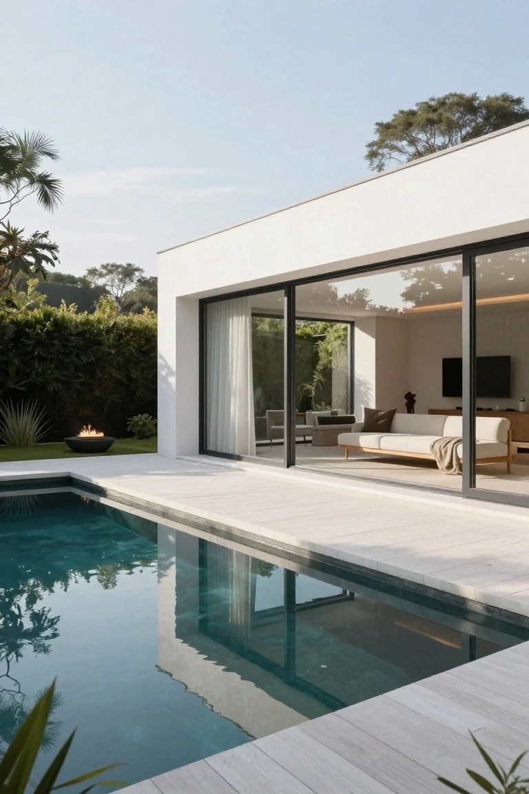 White modern house with large black-framed sliding glass doors opening from the living room to a turquoise pool edged by light plank decking, a nearby black fire pit, tropical plants, and green hedges.