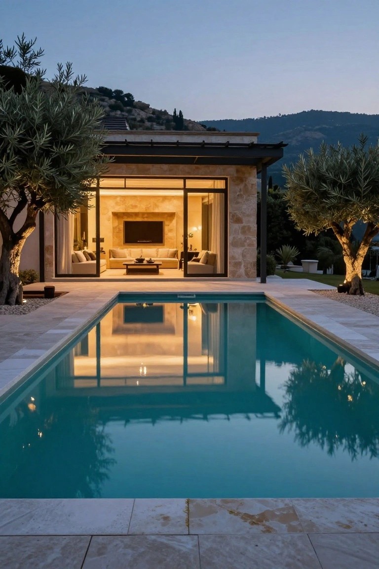 Modern villa with glowing pool reflecting glass living room at dusk.