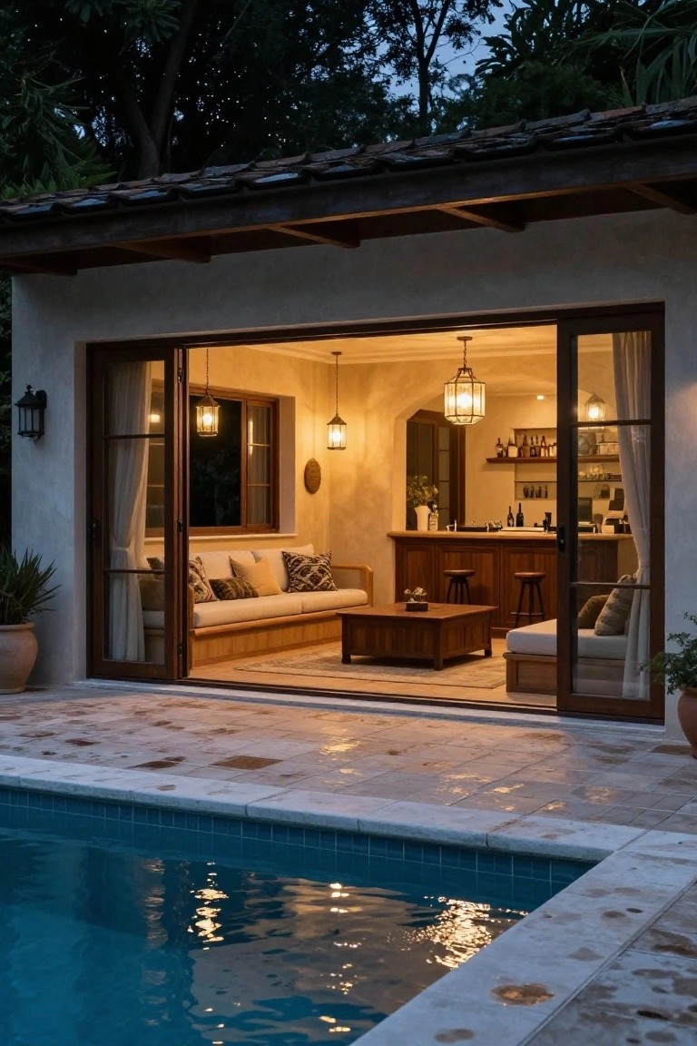 Beige stucco cabana with open wooden sliding doors revealing interior bar, low seating area, and hanging lanterns at dusk, next to an in-ground pool with wet tile patio and potted plants.