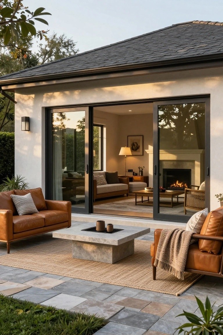 Modern stucco house exterior with large black-framed sliding glass doors partially open to a patio with two tan leather sofas, woven rug, stone coffee table featuring fire elements, and visible indoor living room with beige furniture, fireplace, and lamp.