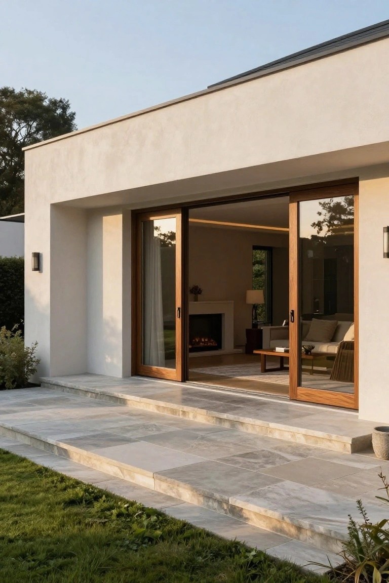 Modern house with open sliding glass doors revealing a living room fireplace.