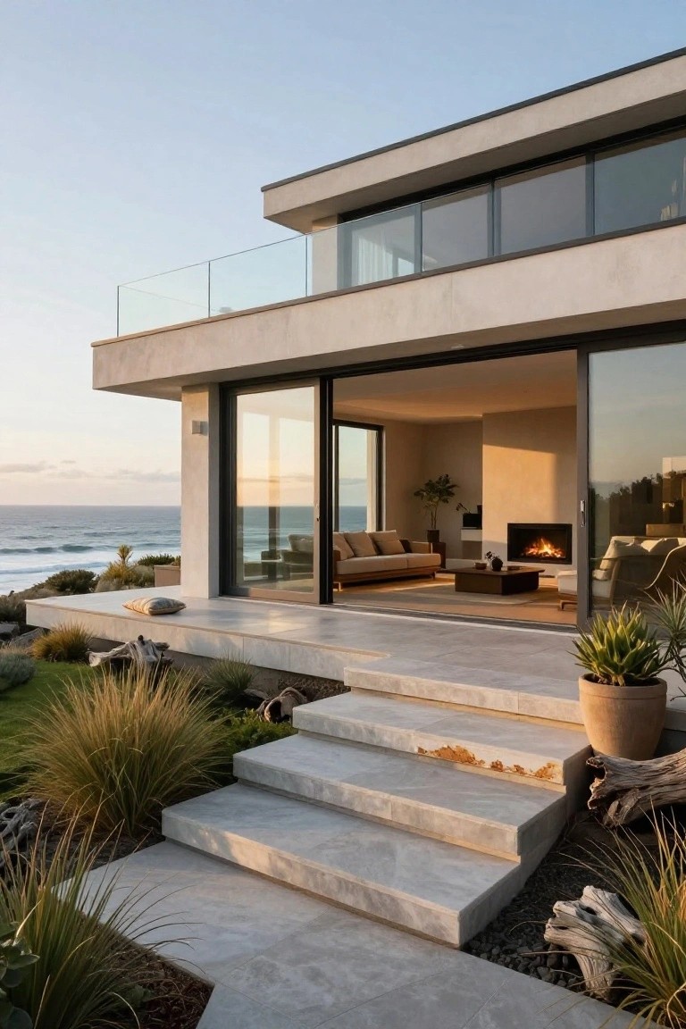 Modern house exterior featuring a light beige facade, large open glass sliding doors to a terrace with beige sofas and fireplace, wide gray stone steps descending to a landscaped area with grasses, succulents, potted plants, and driftwood, overlooking ocean waves at dusk.