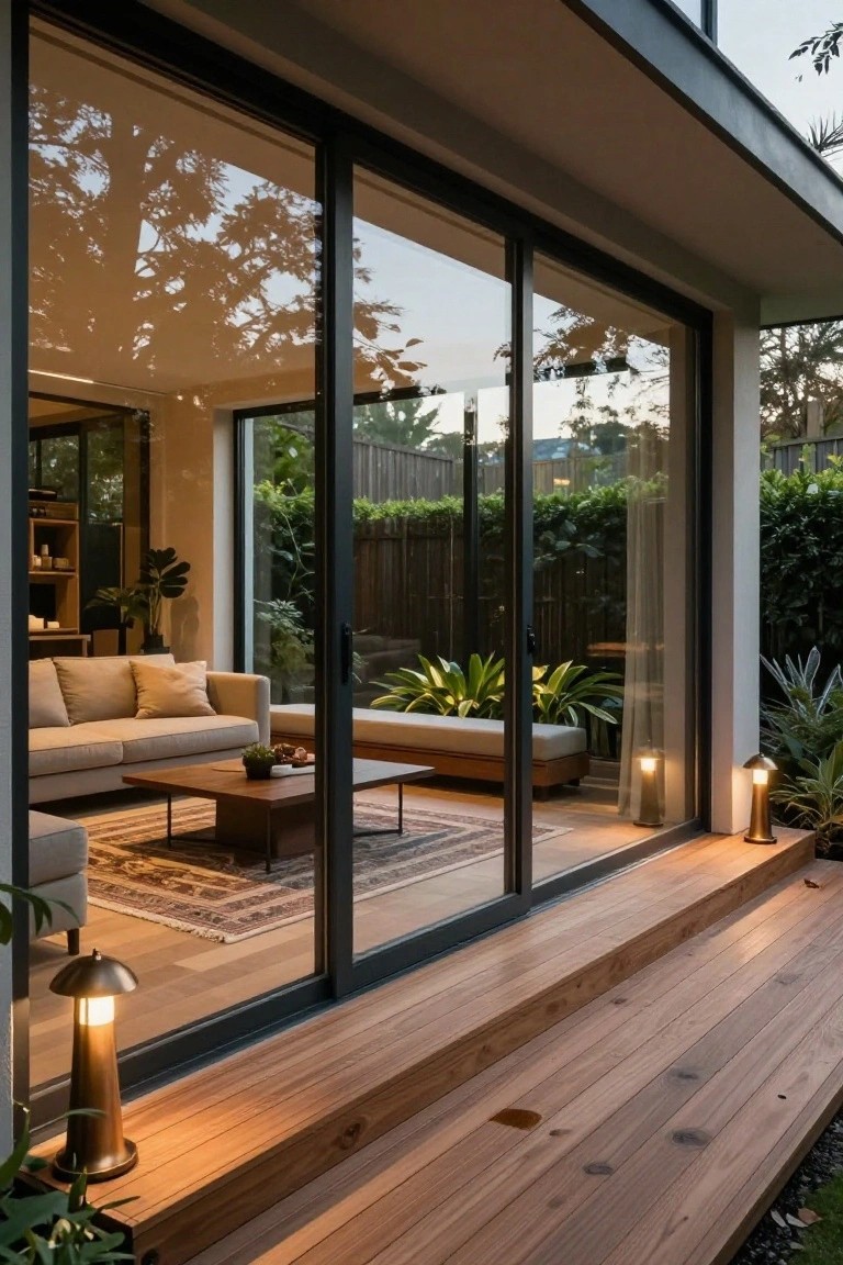 Large sliding glass doors from a modern living room with sofa and rug open to a wooden deck platform lit by two brass pedestal lamps, with plants and greenery nearby.