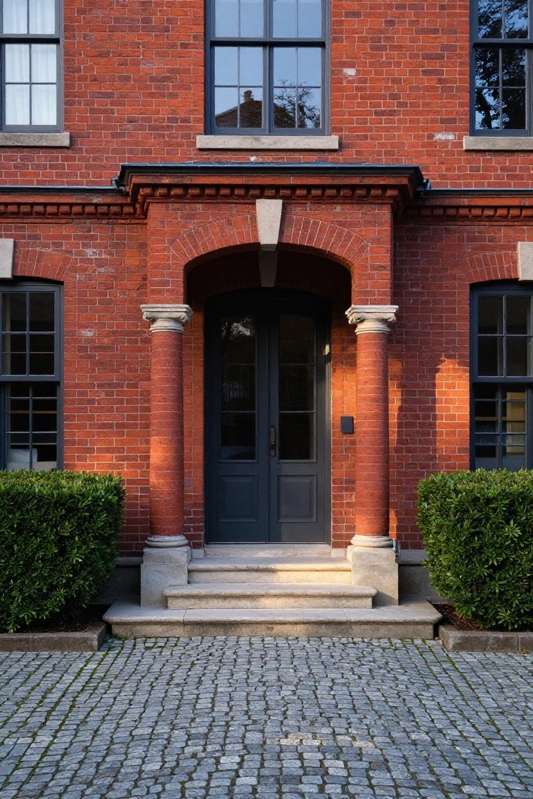 Red brick house with a central arched entryway flanked by stone columns, dark double doors, flanked by boxwood shrubs, stone steps, and a cobblestone pathway in front.