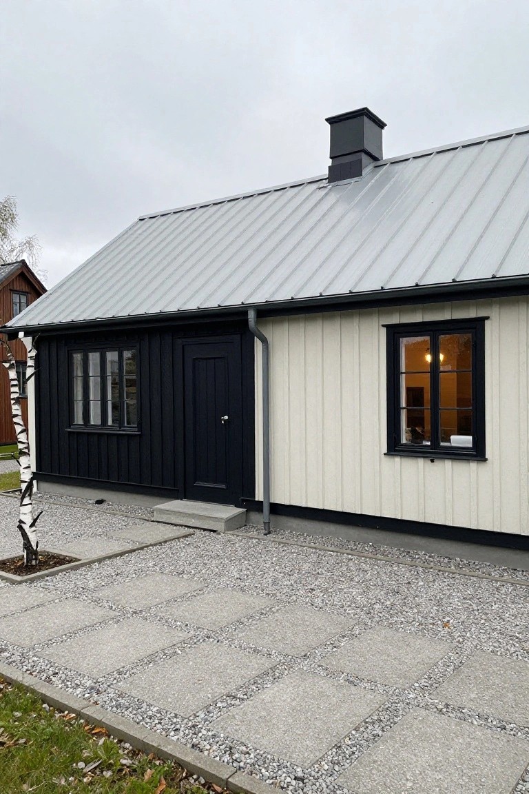 Modern black-and-white house with metal roof, gravel patio, and small tree.
