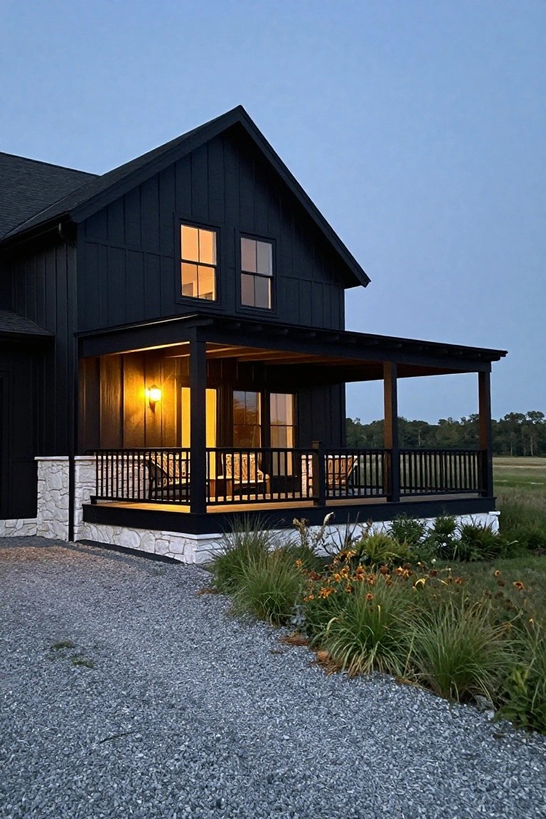 Two-story house with black board-and-batten siding, gabled roof, covered front porch with black railing and chairs, warm lights glowing from windows and porch lamp, white stone foundation, gravel driveway edged by tall grasses and flowers, rural field backdrop at dusk.