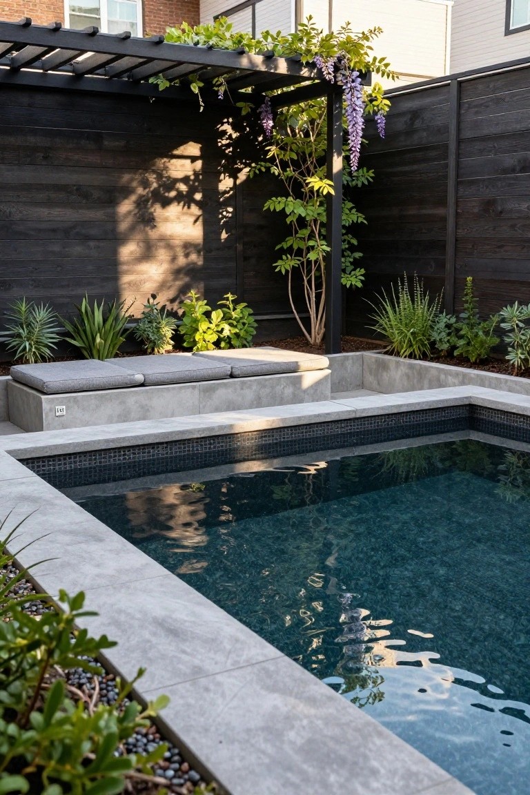 Small rectangular plunge pool with black mosaic tiles and gray concrete coping, adjacent built-in concrete bench with gray cushions, surrounded by plants, pebbles, and dark wood fencing in a backyard.