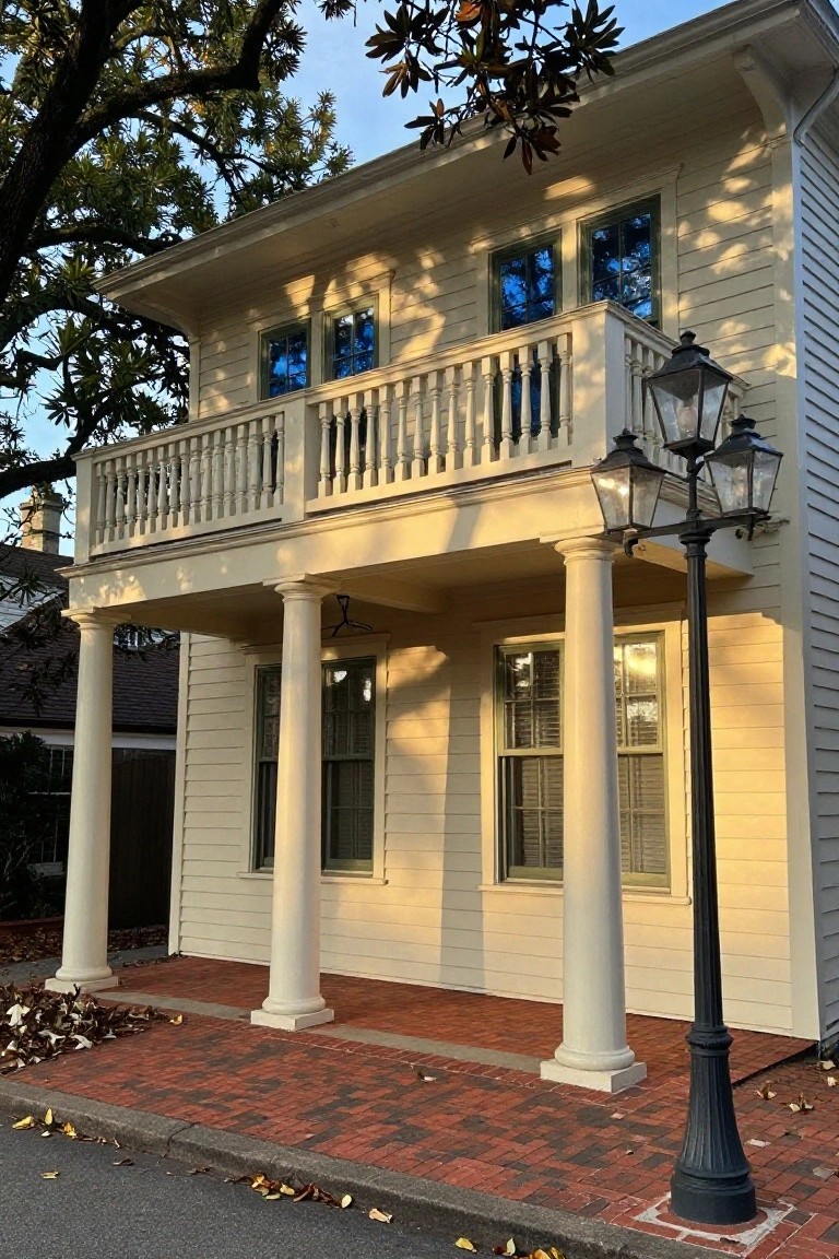 Two-story cream house with white columns supporting a front porch and upper balcony, green shutters, brick walkway, oak trees, and a black lamppost.