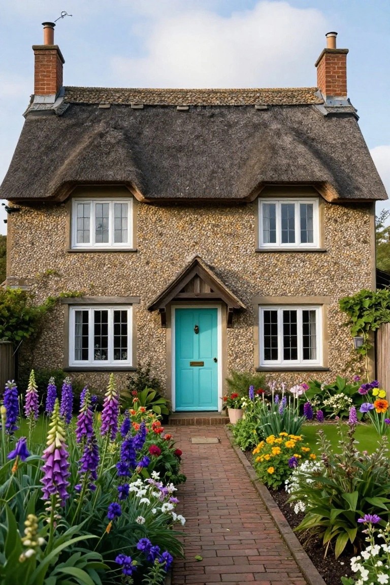 Charming thatched cottage with turquoise door and colorful flower garden.