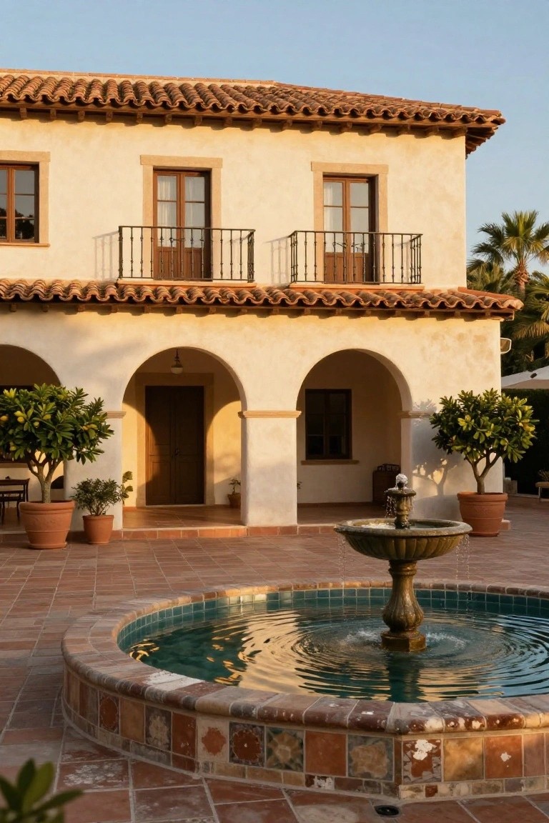 Beige stucco house with red tile roof, wrought iron balcony, arched entryway flanked by potted citrus trees, and circular fountain in terracotta-tiled courtyard.
