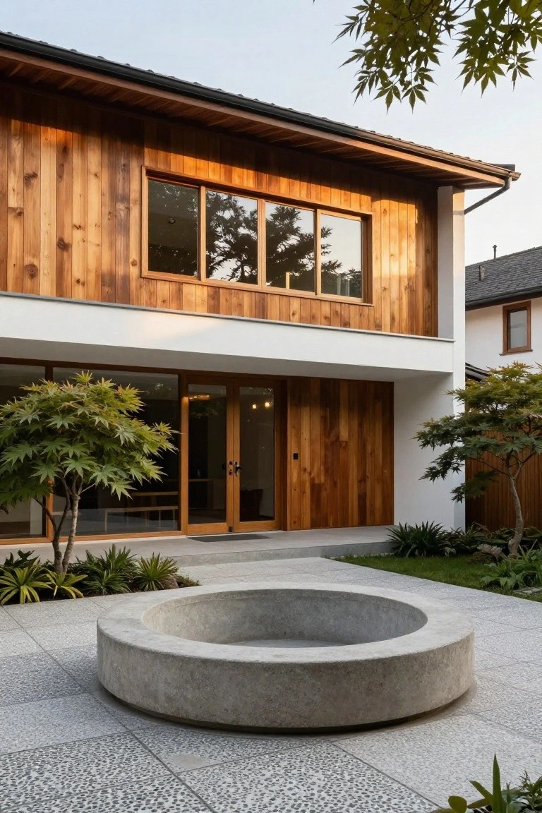Modern house exterior featuring cedar wood cladding on upper facade, white lower walls, large sliding glass doors, wooden entry panels, Japanese maple trees, plants, and a central circular concrete basin on pebble-paved courtyard.