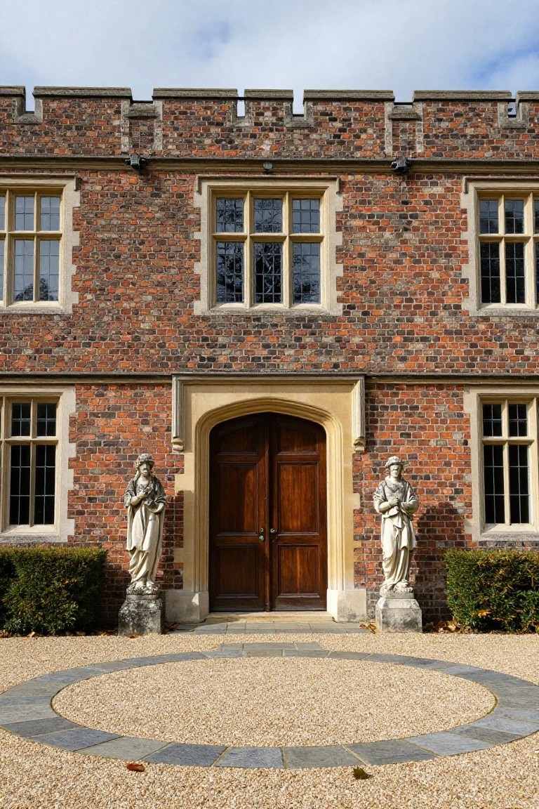 Brick castle entrance with wooden doors and two stone statues flanking.
